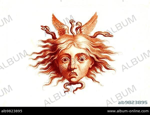 Head of Medusa; in Greek mythology a Gorgon; the daughter of the sea deities Phorkys and Keto; with snake hair; Historical; digitally restored reproduction from a 19th century original.