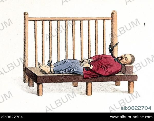 Torture; Punishment; Punishment; A Chinese man with his hands and feet bound lies on a bench; c. 1810; China; Historical; digitally restored reproduction from a 19th century original; Asia.