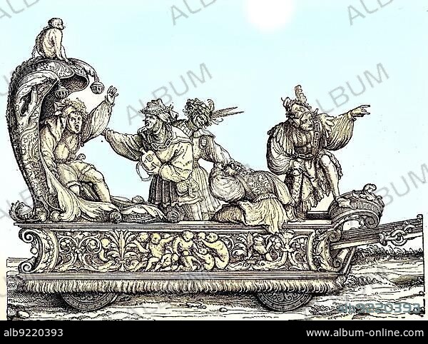 A jester, court jester or jester was historically an entertainer in the Middle Ages and Renaissance, here a group in the triumphal procession of Emperor Maximilian I, Historic, digitally restored reproduction from a 19th century original.