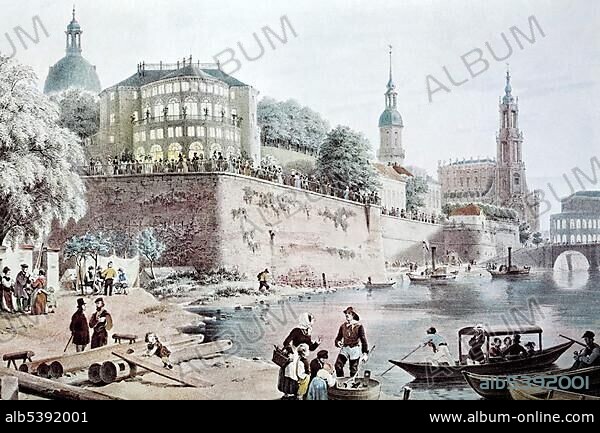 View of Dresden, Bruehl's Terrace, about 1850, historic cityscape, steel engraving created in the 19th century, Saxony, Germany, Europe.
