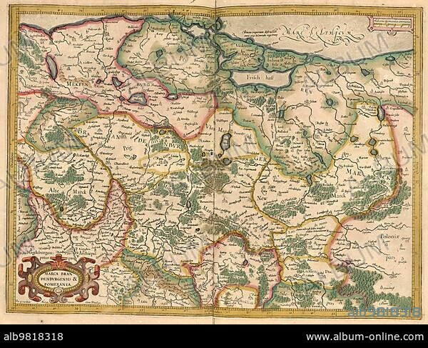 Atlas; map from 1623; Mark Brandenburg; Pomerania; Germany; digitally restored reproduction from an engraving by Gerhard Mercator; born as Gheert Cremer; 5 March 1512; 2 December 1594; geographer and cartographer; Europe.