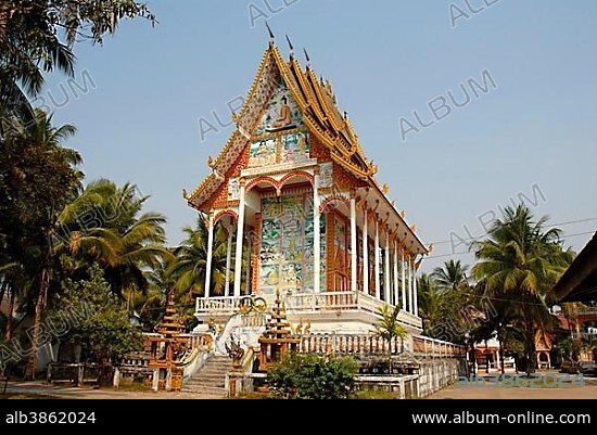 Narrow and high prayer hall, Sim, buddhist temple Wat Amon, Vientiane, Laos, Southeast Asia, Asia.