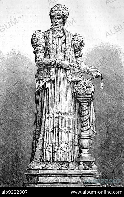 Monument to Barbara Uttmann in Annaberg, Barbara Uthmann (born around 1514) (died 14 January 1575) was a German businesswoman in the Erzgebirge, Saxony, Germany, Historical, digitally restored reproduction from a 19th century original, Europe.
