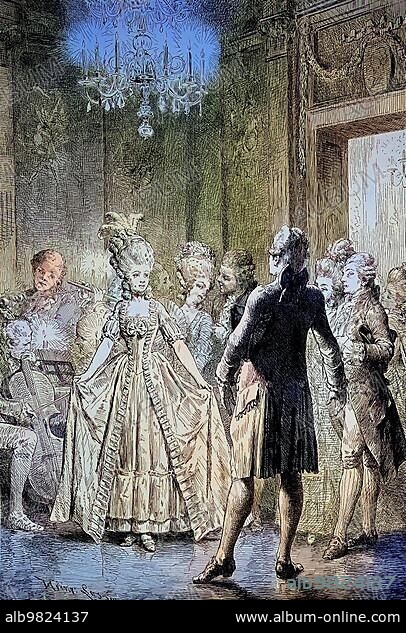 In Minuet is a ballroom dance of French origin for two people; from the Rococo period; Historic; digitally restored reproduction of a 19th century original.