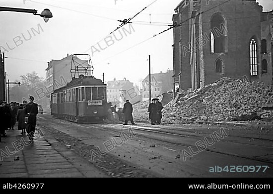 Tramway to Cannewitz, 1954, Martin-Luther-Ring, Leipzig, Saxony, GDR, Germany, Europe.