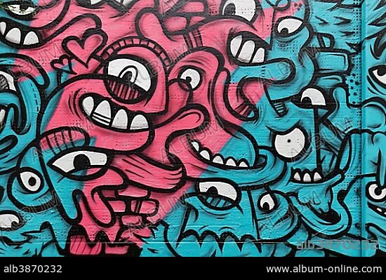 Pattern of intertwined faces, graffiti, street art, 40 Grad Urban Art Festival, Dusseldorf, North Rhine-Westphalia, Germany, Europe.