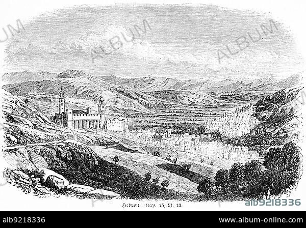 Hebron, Caleb, Indah, Father Enak, Kiriath Arba, drive out, land taking, landscape, mountains, valley, city, temple, fields, trees, Judea. West Bank, Bible, Old Testament, The Book of Joshua, Chapter 15, Verse 13, historical illustration circa 1850, Middle East.