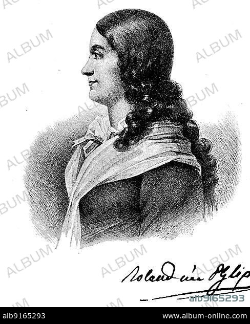 Jeanne-Marie Manon Roland de La Platiere, Madame Roland, 17 March 1754, 8 November 1793, was a political figure in the French Revolution who ran a salon in Paris, Historical, digitally restored reproduction of an 18th century original.