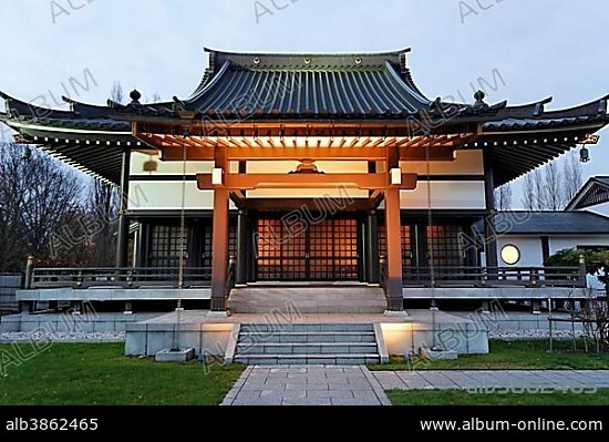 Buddhist temple complex, Eko-House of Japanese Culture, dusk, Duesseldorf, North Rhine-Westphalia, Germany, Europe.