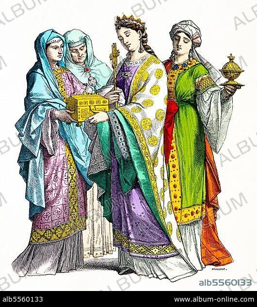 Munich picture sheet, costumes, 10th century, noble Franconian woman, crown, chest, Christian cross, jewellery, robes, portrait, coloured historical illustration 1890.