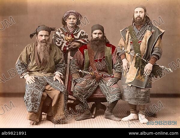 Group of Ainos; Ainu; c. 1900; the indigenous people of northern Japan; Historical; digitally restored reproduction from a 19th century original.