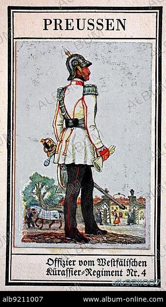German Uniforms of the 19th century, Lines, Cavalry: Prussia, Officer of the Westphalian Cuirassier (armoured troop type of heavy cavalry) Regiment No.4, Historical, digitally restored reproduction of a public domain collector's picture from the early 20th century.