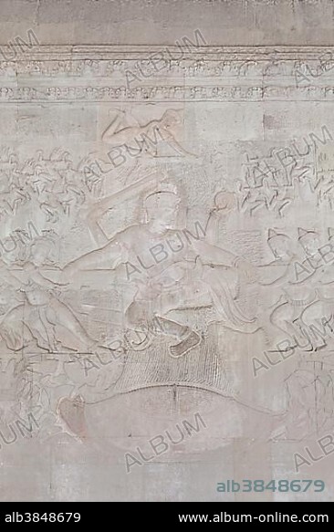 Vishnu in the centre of the bas-relief depicting The Churning of the Ocean of Milk, Angkor Wat, Cambodia, Asia.