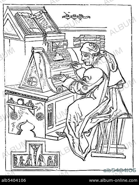 Monk writing in his cubicle, medieval manuscripts, historical image from History of German Literature from 1885.