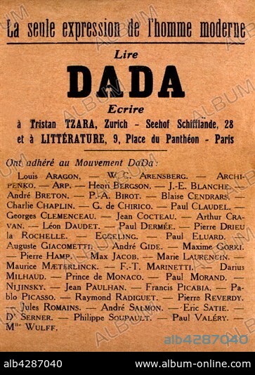 Dadaist manifesto. 20th century. France. Bibliothèque Ste Geneviève-Fonds Doucet.