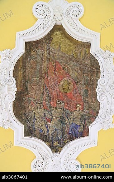 Ceiling mosaic, soldiers with a Lenin flag, Komsomolskaya metro station, Moskau, Moscow Oblast, Russia, Europe.