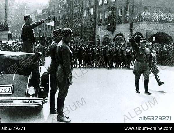 Parade in front of Adolf Hitler, Hermann Goering at the top of the SA, Nuremberg, Bavaria, German Reich, Europe, historical photo circa 1937.