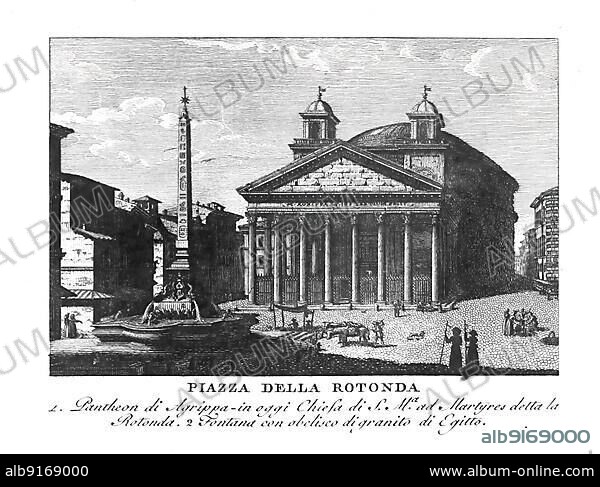 North of the Pantheon lies the Piazza della Rotonda with the Egyptian obelisk erected there Obelisco Macuteo, Rome, Italy, digitally restored reproduction from Vedute principali e piu interessanti di Roma by Giovanni Battista, 1799, Europe.