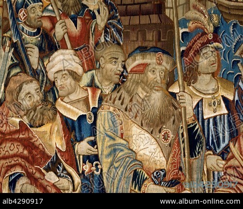 Tournai Tapestry (workshop of Jean Grenier or Arnould Puissonnier). Vasco da Gama's expedition to Calicut in 1498: portrait of Samorino, Raja of Calicut, with dignitaries. 1500-1520. Lisbon, Museu Nacional de Arte Antiga.