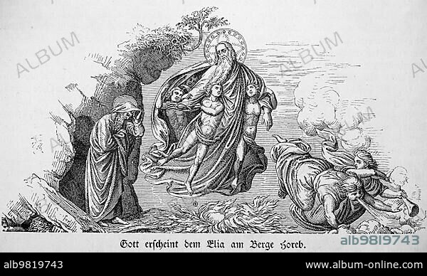 God appears to Elijah on Mount Horeb; Old Testament; Bible; rock; sky; hovering; figure; wind; clouds; glory; historical illustration 1890.