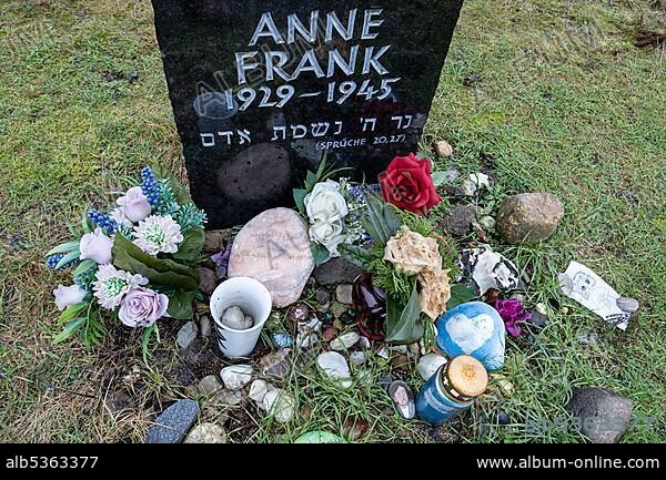 Gravestone, memorial stone for the sisters Margot and Anne Frank, memorial site, former concentration camp Bergen-Belsen, Lower Saxony, Germany, Europe.