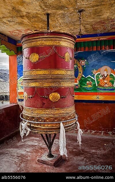 Buddhist prayer wheel (Mani wheel) in Thiksey gompa (Tibetan buddhist monstery) . Ladakh, India, Asia.