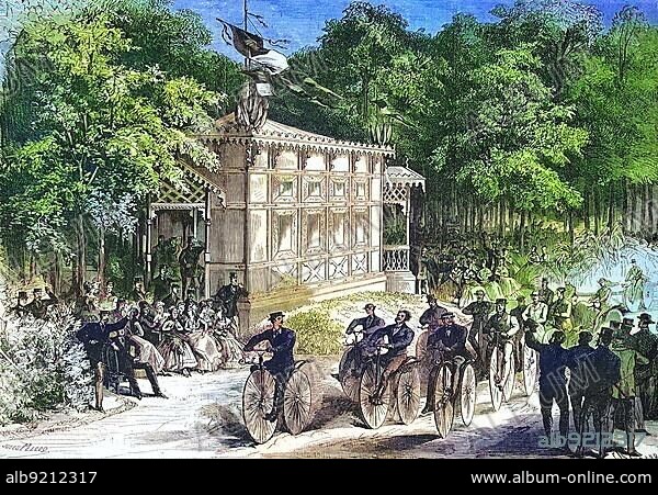 A Velocipedes race at the 1867 World's Fair in Paris, Michaux bike, pedal crank bike, bicycle, France, Historic, digitally restored reproduction of an original 19th century artwork, exact original date unknown, Europe.
