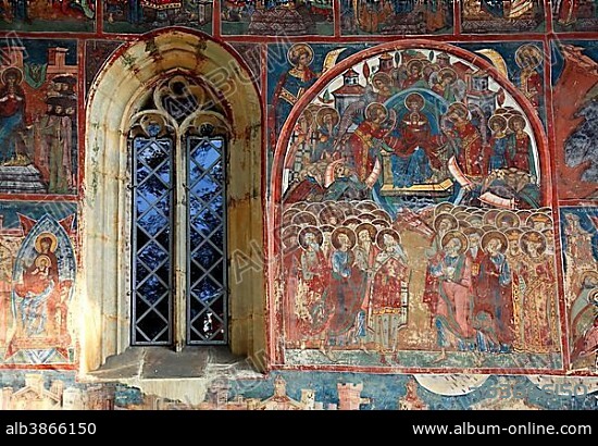 Exterior fresco, Humor Monastery, Monastery Church Adormirea Maicii Domnului, Church of the Assumption of the Virgin, Churches of Moldavia, UNESCO World Heritage Site, Romania, Europe.