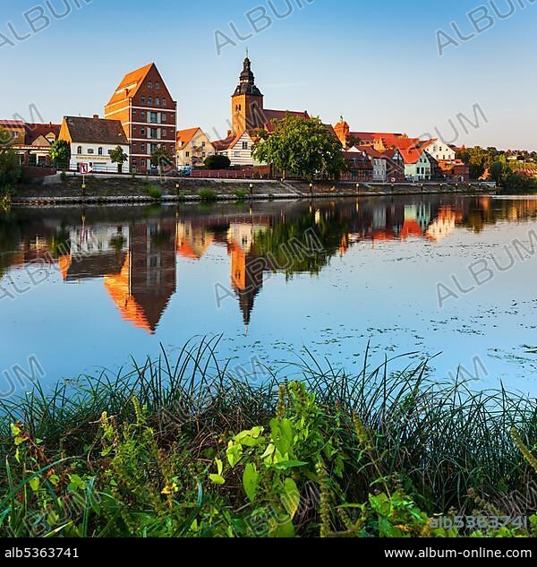 Havelberg with church St. Laurentius and cathedral St. Marien, reflection in the river Havel, Hanseatic city Havelberg, Saxony-Anhalt, Germany, Europe.