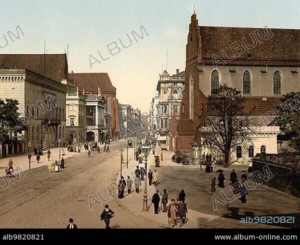 Schweidnitz Street in Breslau; Silesia; today Wroclaw in Poland; Germany; Historic; digitally restored reproduction of a photochrome print from the 1890s; Europe.