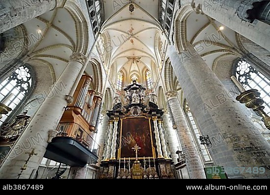 Interior, altar and choir area of St. Nicholas' Church or Sint-Niklaaskerk, Ghent, Flemish Region, Belgium, Europe.