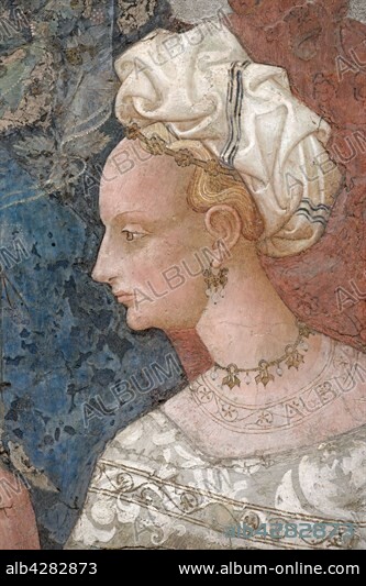 Master of the Triumph of Death, Provençal-Catalan artist. The Triumph of Death. detail : Noblewoman. 1446. Fresco from the Palazzo Sclafani in Palermo, Sicily. Palazzo Abatellis, Galleria Interdisciplinare Regionale della Sicilia. Palermo, Sicily.