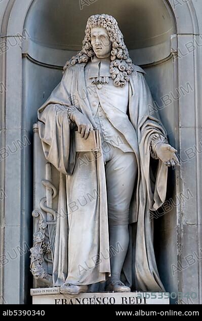 Statue of Francesco Redi, Uffizi art museum, Galleria degli Uffici, Florence, Tuscany, Italy, Europe.