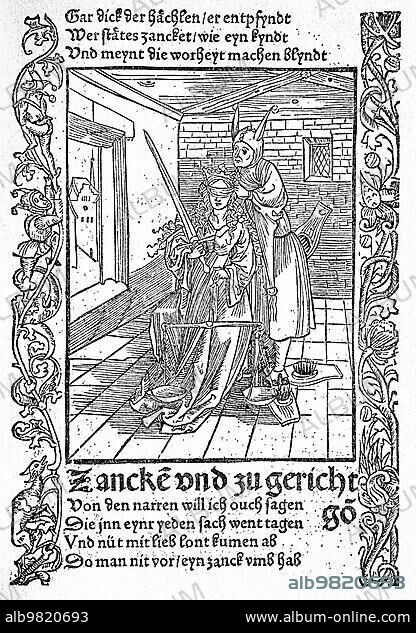 The Ship of Fools by Sebastian Brant; 1494; late medieval moral satire. Of quarrelsomeness and litigiousness; a fool blindfolds Justice; Historical; digitally restored reproduction from a 19th century original.