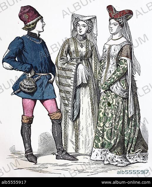 Folk traditional costume, clothing, history of costumes, noblemen, England, 1400, digitally restored reproduction of a 19th century original, exact date unknown.