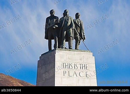 This Is The Place Monument commemorates the arrival of the Mormon pioneers in the Salt Lake Valley of Utah in July of 1847, near Old Deseret Village, Salt Lake City, Utah, USA, North America.