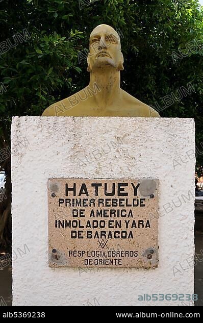 Hatuey statue, Parque Independencia, historic centre of Baracoa, Cuba, Caribbean, Central America.