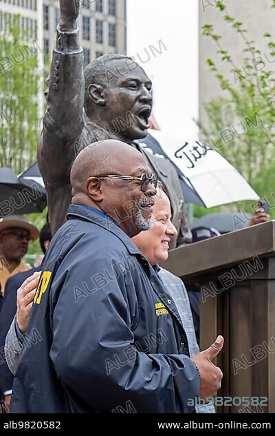 Detroit; Michigan USA; 23 June 2023; Detroit NAACP President Wendell Anthony and Detroit Mayor Mike Duggan posed next to a bronze statue of civil rights leader Martin Luther King Jr. The statue was unveiled in downtown Detroit on the anniversary of the 1963 Walk to Freedom. Sixty years earlier; King led a march of over 100; 000 down Woodward Avenue and gave an early version of his famous I Have a Dream speech. The statue was created by Utah artist Stan Watts.