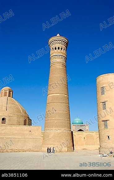 High brick tower Minaret Kalon at Mosque Kalon Bukhara Uzbekistan.