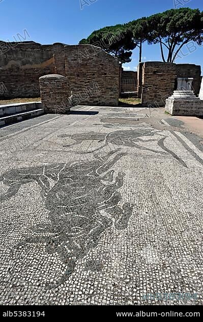 Mosaics in the ruins of the police barracks of Caserma dei Vigili, Ostia Antica archaeological site, ancient port city of Rome, Lazio, Italy, Europe.