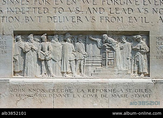 John Knox preaches in the Church of St Giles in Edinburgh in front of the court of Maria Stuarts, Relief at the International Monument of the Reformation, 1909-1917, sculptor Paul Landowski, Geneva, Switzerland.