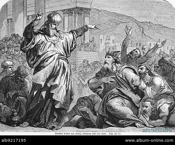 Jehaziel comforts King Jehoshaphat and the people, city, crowd, outdoors, Zechariah, son, Jehiel, Mathaniah, plead, despair, uncertainty, Bible, Old Testament, Second Book of Chronicles, chapter 20, verse 14, historical illustration circa 1850, Near East.