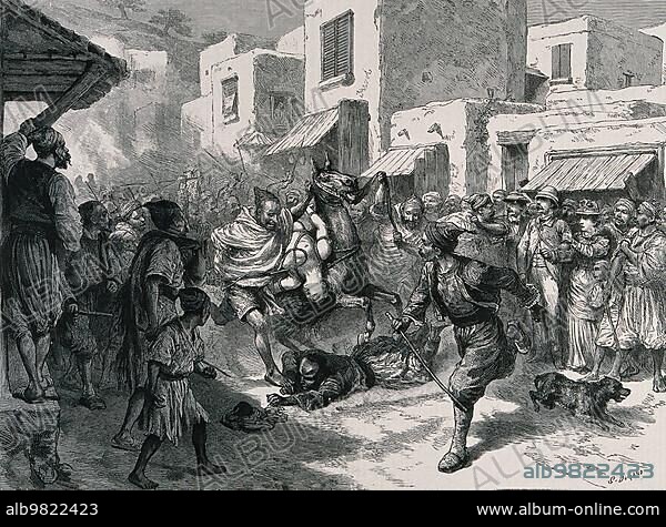 A woman is tortured by being strapped naked to a horse and dragged through a town; Historical; digitally restored reproduction from a 19th century original.
