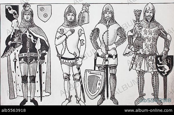 Mode, Kleidung, Deutsche Ritterkostüme im 14. Jahrhundert, ein Ritter im Hermelinmantel, verschiedene Arten von Lentner oder Lendner, eine taillierte, gepanzerte Schutzweste, Fashion, clothing, German Knights costumes in the 14th century, a knight in ermine coat, various types of Lentner or Lendner, a waisted, armored protective vest, Historisch, historical, digital improved reproduction of an original from the 19th century, digital restaurierte Reproduktion einer Originalvorlage aus dem 19. Jahrhundert, O.