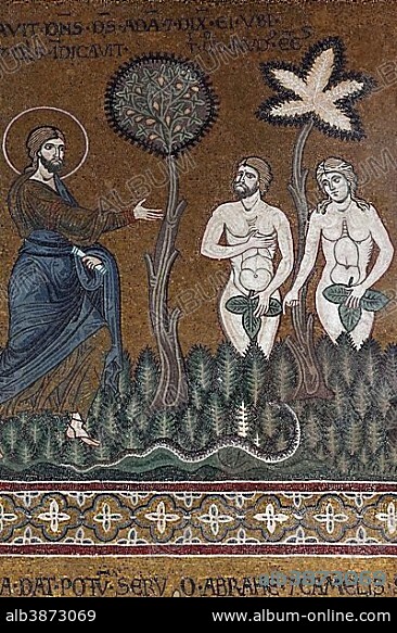 God speaking to Adam and Eve who are covered with a fig leaf, Byzantine gold ground mosaics, Cathedral of Santa Maria Nuova, Monreale Cathedral, Monreale, Province of Palermo, Sicily, Italy, Europe.