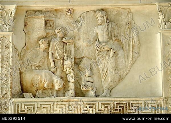 Relief of Aeneas with boys and sacrificial offerings, Altar of Augustan Peace, Ara Pacis Augustae, westside, Rome, Lazio, Italy, Europe.