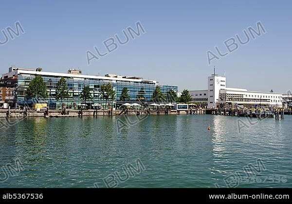 Skyline of Friedrichshafen on Lake Constance with the Medienhaus K42 media house and Zeppelinmuseum museum, Baden-Wuerttemberg, Germany, Europe.