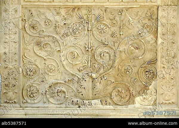 Ornamental relief with flora and fauna, Altar of Augustan Peace, Ara Pacis Augustae, eastside, Rome, Lazio, Italy, Europe.