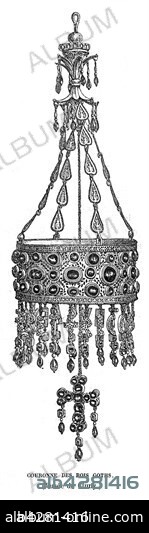 Crown of the Goth Kings. The Goths made up part of the Germanic people, according to their traditions they were originally from Scandanavia, and are reffered to as the Goths from Scandanavia. They are said to have perhaps come from the île de Gotland, but could equally have originally emigrated from Götaland in southern Sweden, or the north of current-day Poland. At the beginning of their era, they settled in the region of the estuary of Vistula (in the north of current-day Poland). Written accounts have been found mentioning them in ancient texts belonging to geographers under the name "Gutonen" (gothic: gutans, Gutans) - Tacite, La Germanie. 19th Century engraving.