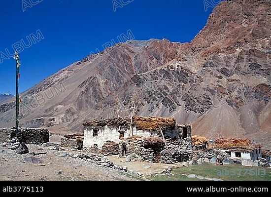 Traditional Tibetan houses with prayer flags, Tetha, Zanskar, Ladakh, Jammu and Kashmir, North India, India, Himalayas, Asia.